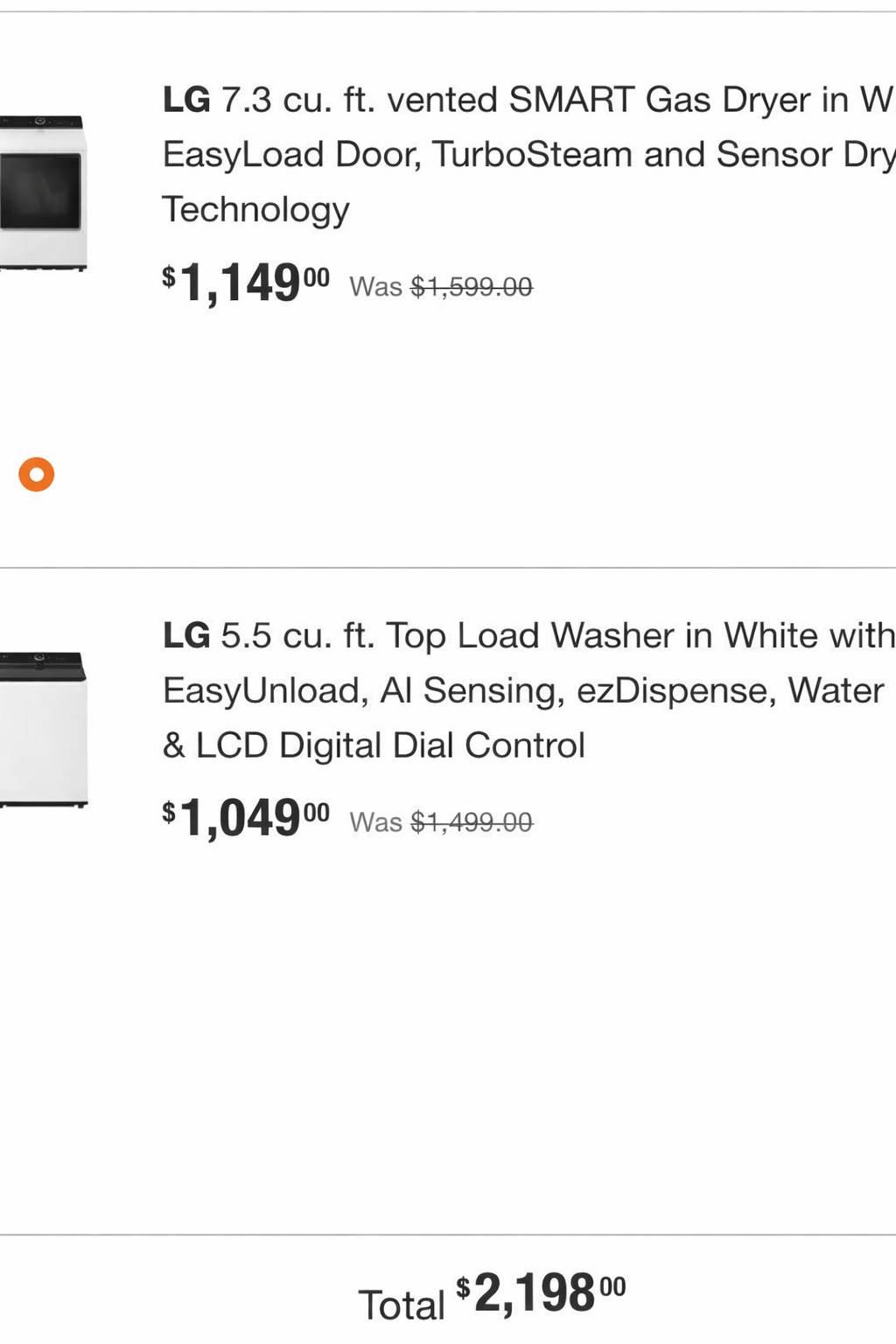 7.3 cu. ft. vented SMART Gas DRYER AND WASHER  in White with EasyLoad Door