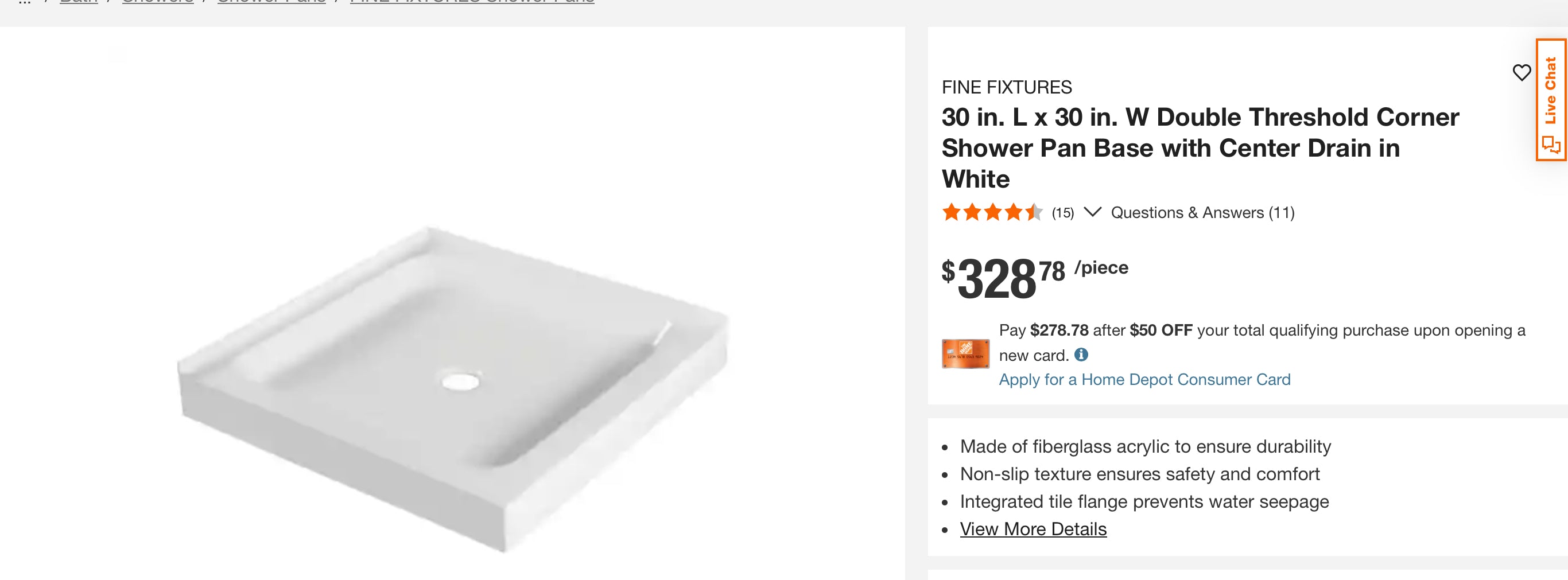 30 in. L x 30 in. W Double Threshold Corner Shower Pan Base with Center Drain in White