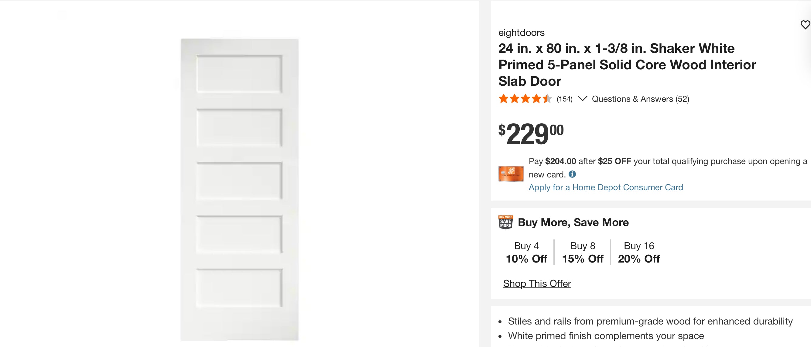 24 in. x 80 in. x 1-3/8 in. Shaker White Primed 5-Panel Solid Core Wood Interior Slab Door