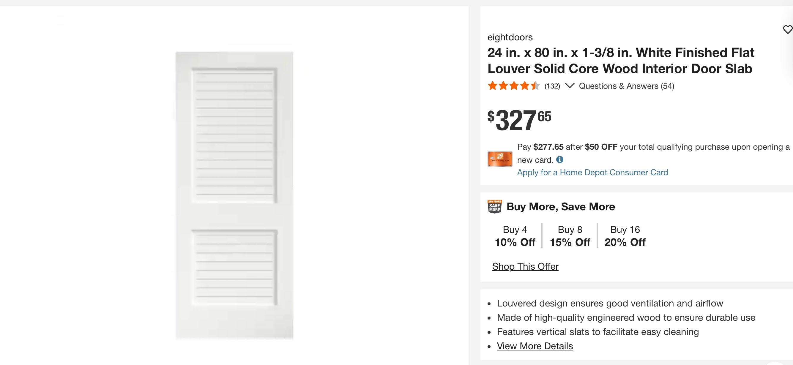 24 in. x 80 in. x 1-3/8 in. White Finished Flat Louver Solid Core Wood Interior Door Slab