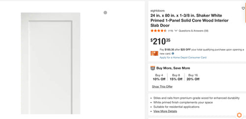 24 in. x 80 in. x 1-3/8 in. Shaker White Primed 1-Panel Solid Core Wood Interior Slab Door