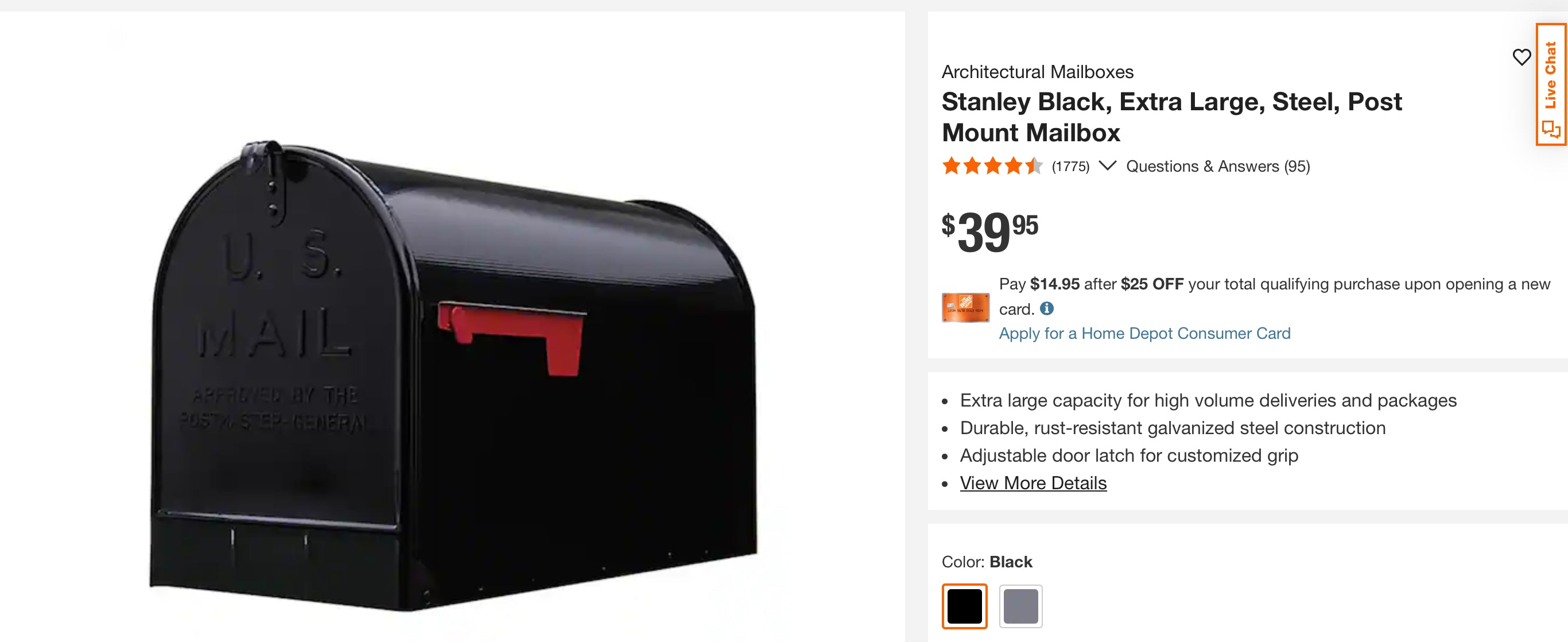 Stanley Black, Extra Large, Steel, Post Mount Mailbox PALLET