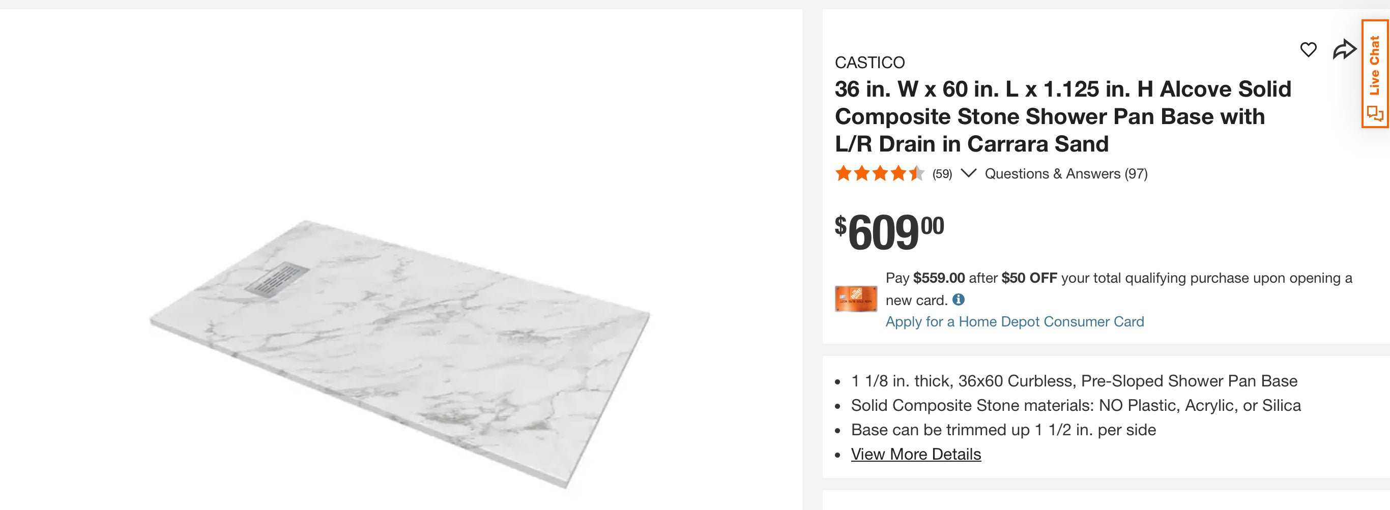 36 in. W x 60 in. L x 1.125 in. H Alcove Solid Composite Stone Shower Pan Base with L/R Drain in Carrara Sand