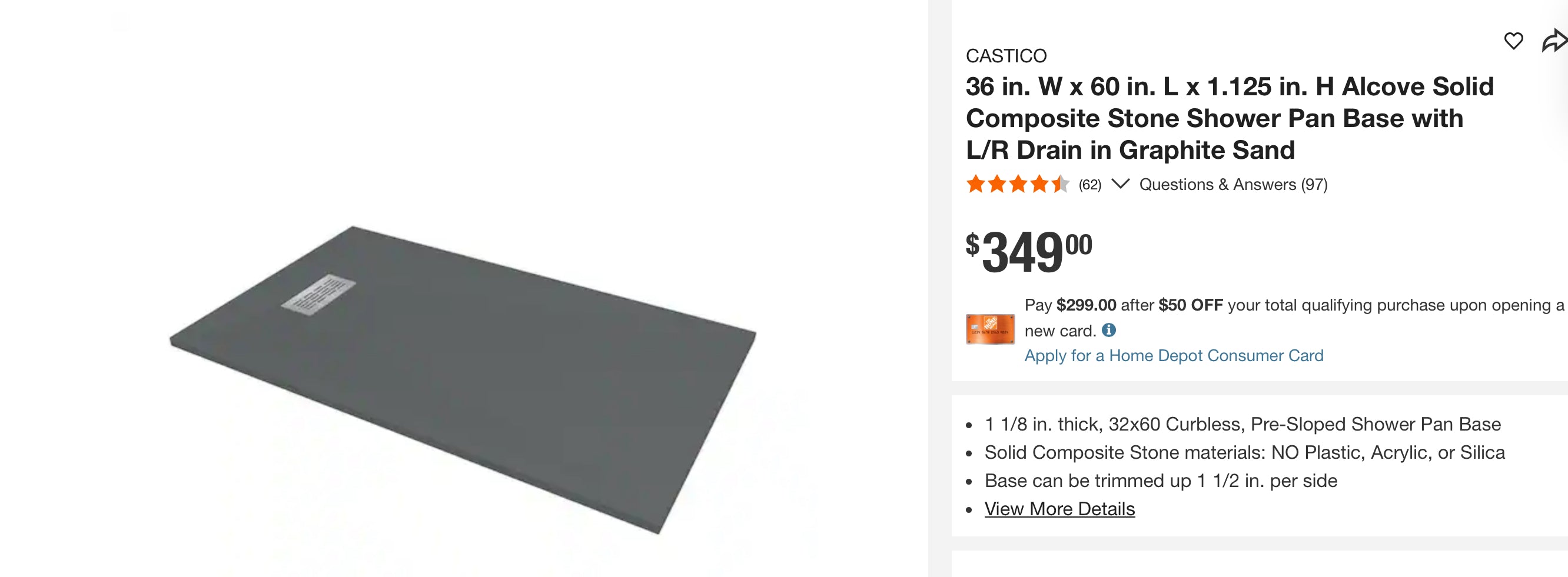 36 in. W x 60 in. L x 1.125 in. H Alcove Solid Composite Stone Shower Pan Base with L/R Drain in Graphite Sand