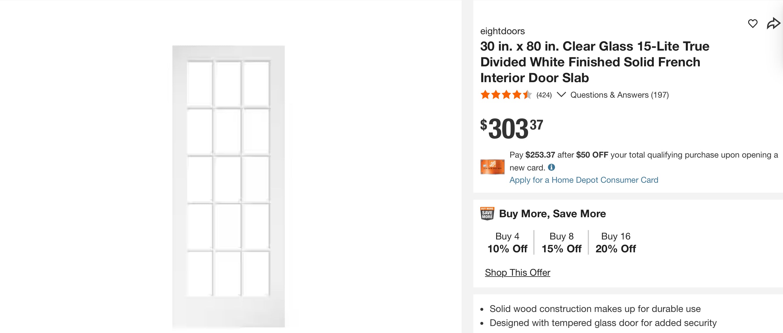 30 in. x 80 in. Clear Glass 15-Lite True Divided White Finished Solid French Interior Door Slab