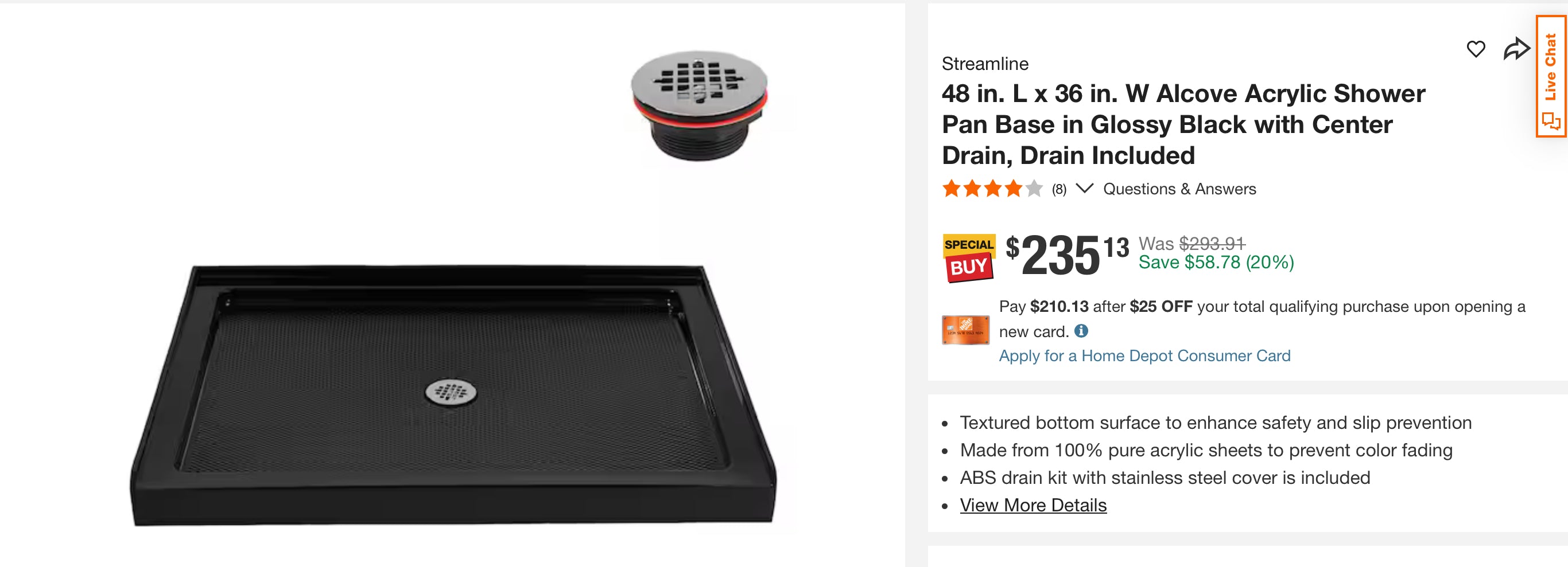 8 in. L x 36 in. W Alcove Acrylic Shower Pan Base in Glossy Black
