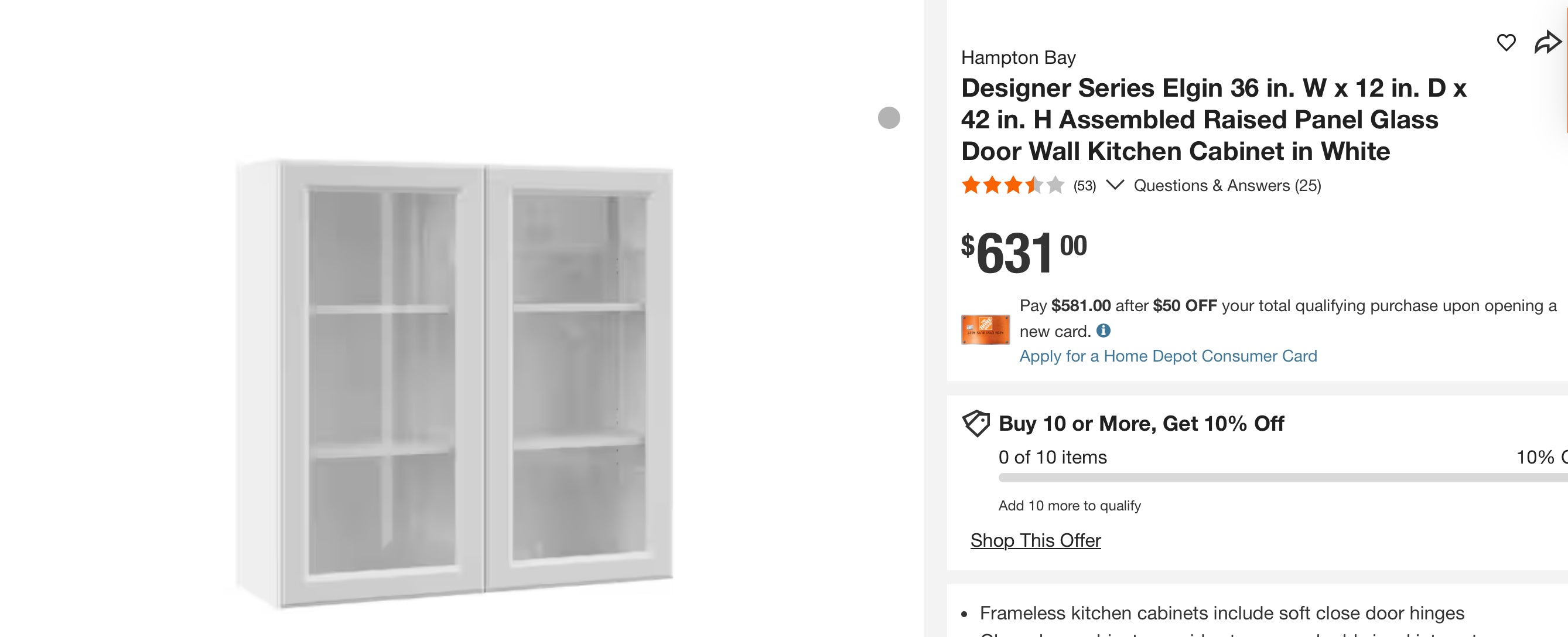 Designer Series Elgin 36 in. W x 12 in. D x 42 in. H Assembled Raised Panel Glass Door Wall Kitchen Cabinet in White
