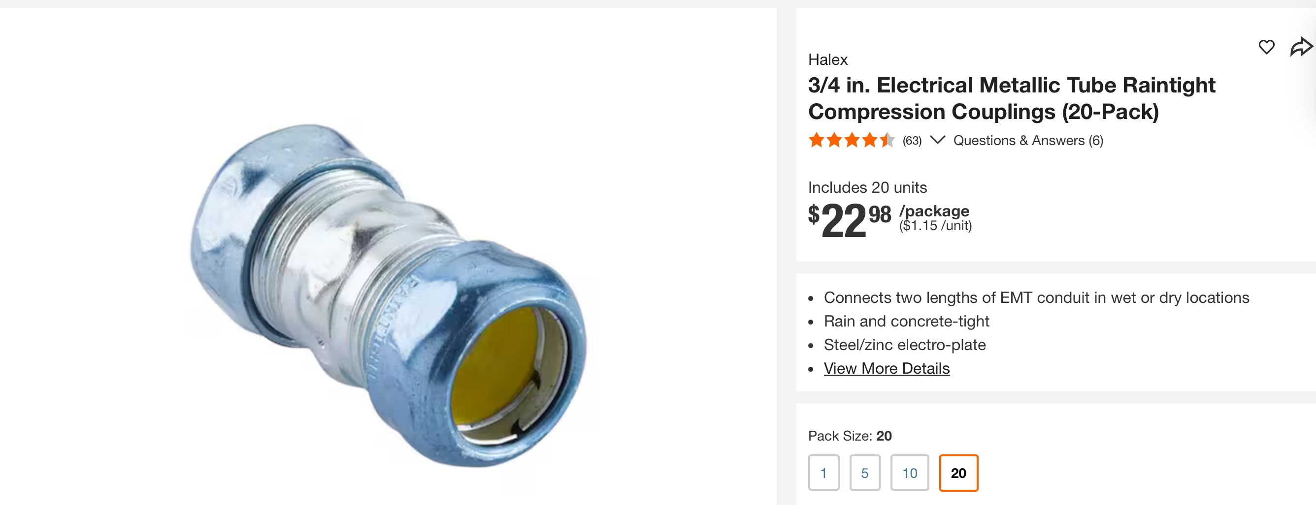 3/4 in. Electrical Metallic Tube Raintight Compression Couplings (20-Pack)