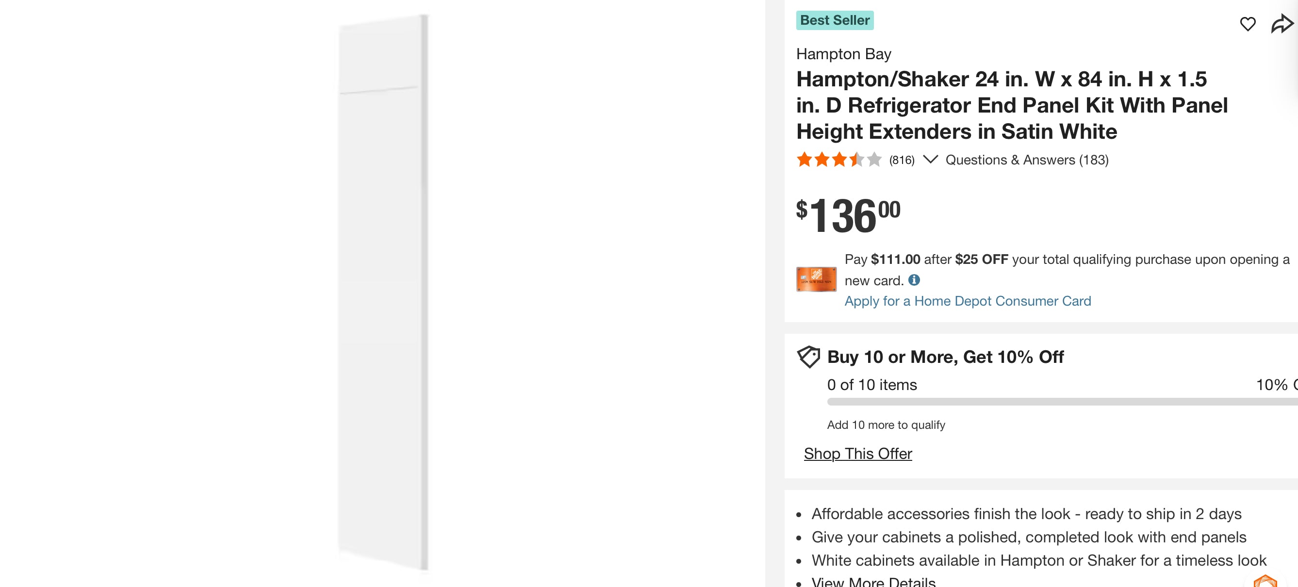 Hampton/Shaker 24 in. W x 84 in. H x 1.5 in. D Refrigerator End Panel Kit With Panel Height Extenders in Satin White