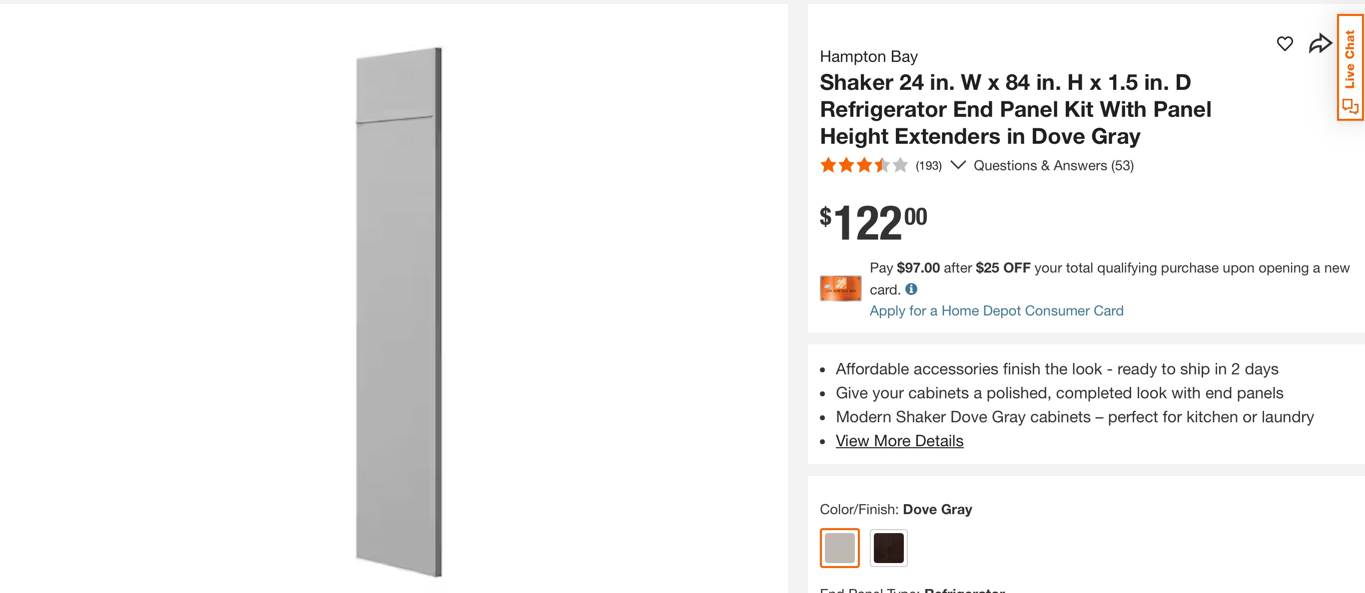 Shaker 24 in. W x 84 in. H x 1.5 in. D Refrigerator End Panel Kit With Panel Height Extenders in Dove Gray