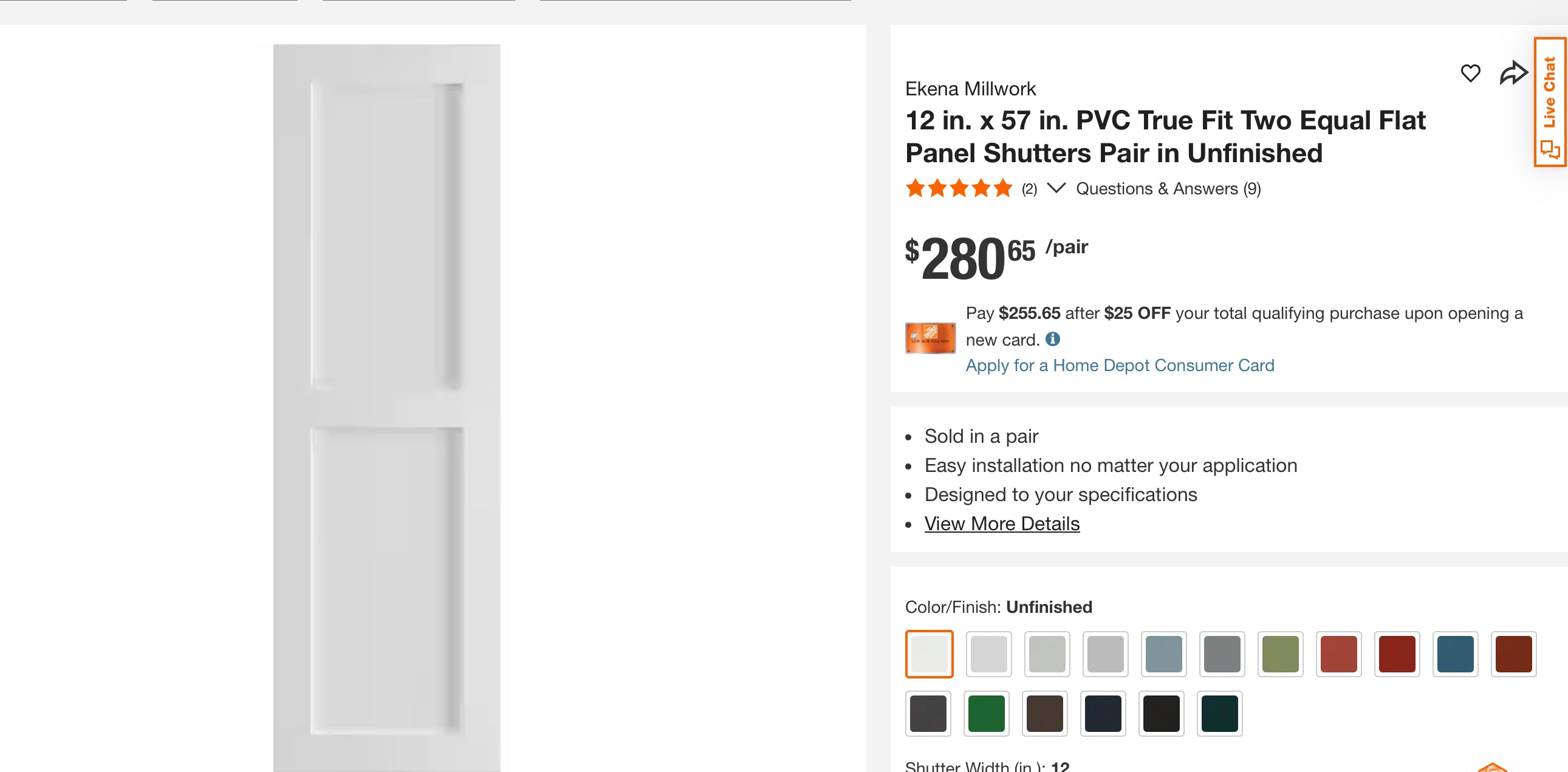 12 in. x 57 in. PVC True Fit Two Equal Flat Panel Shutters Pair in Unfinished