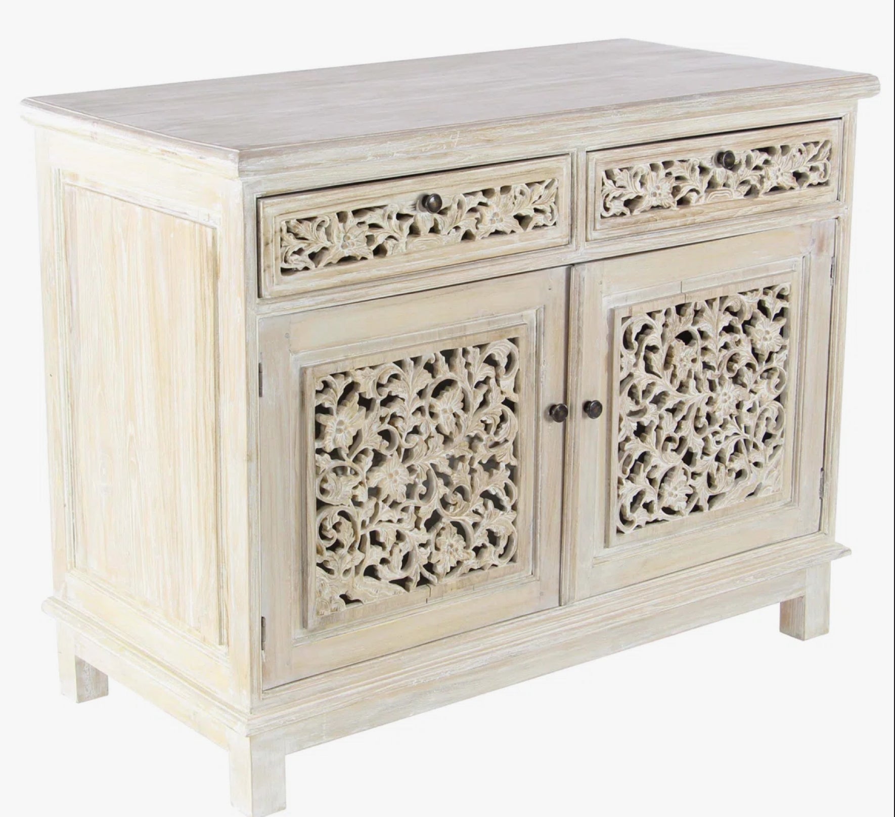 Suncrest Wood Intricately Carved 2 Drawers 1 Shelf and 2 Doors Floral White Cabinet