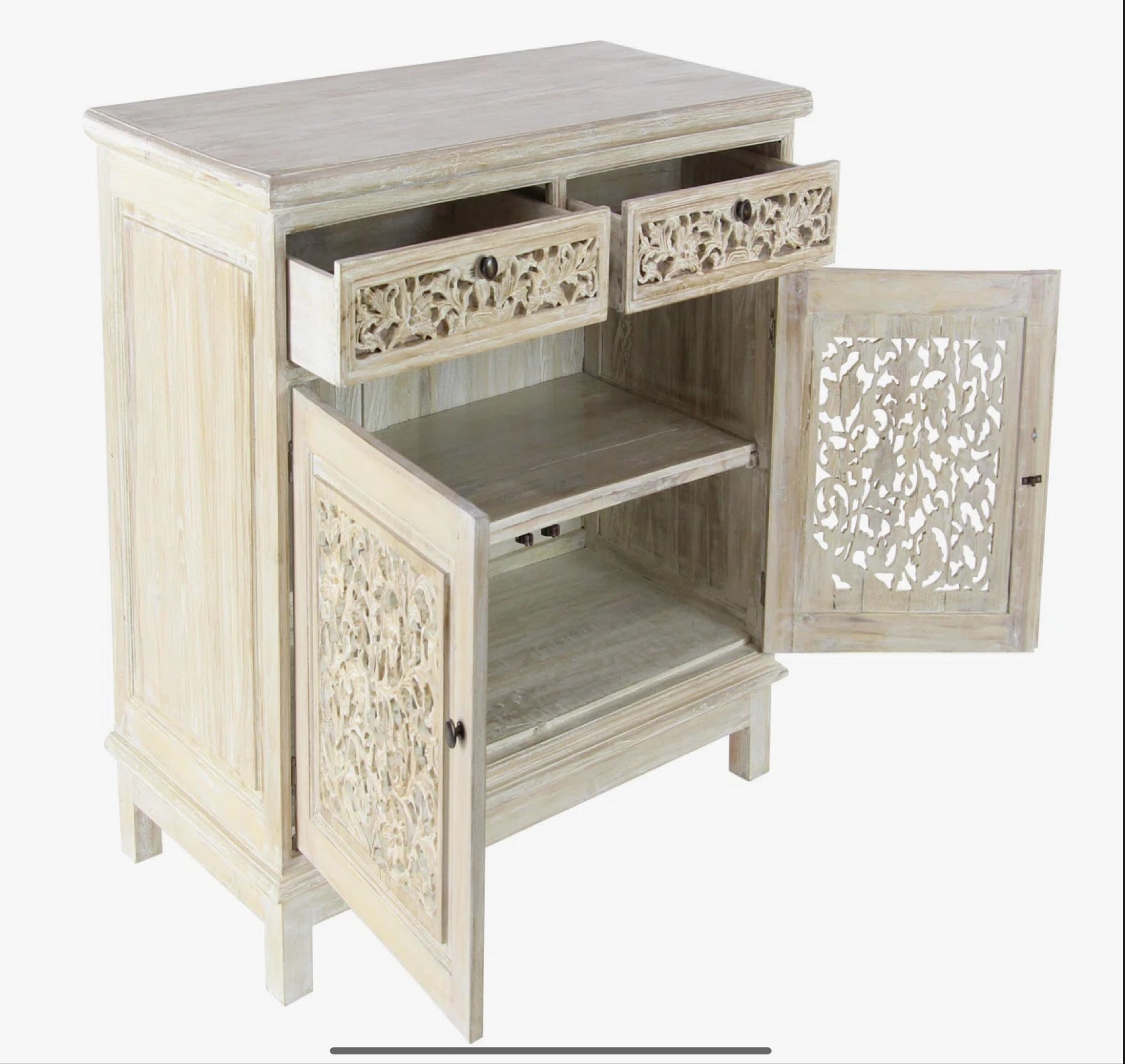 Suncrest Wood Intricately Carved 2 Drawers 1 Shelf and 2 Doors Floral White Cabinet