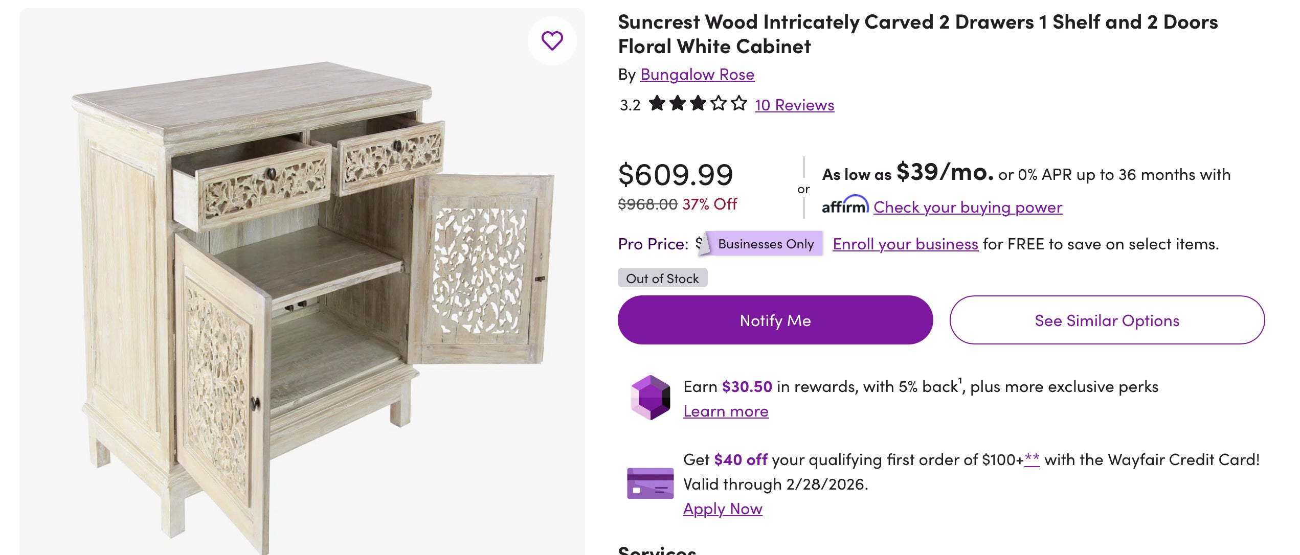 Suncrest Wood Intricately Carved 2 Drawers 1 Shelf and 2 Doors Floral White Cabinet