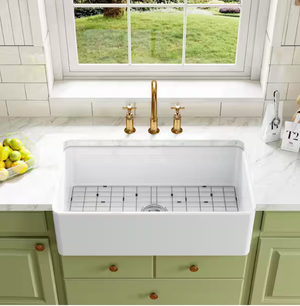 White Fireclay 33 in. L x 18 in. W Rectangular Single Bowl
