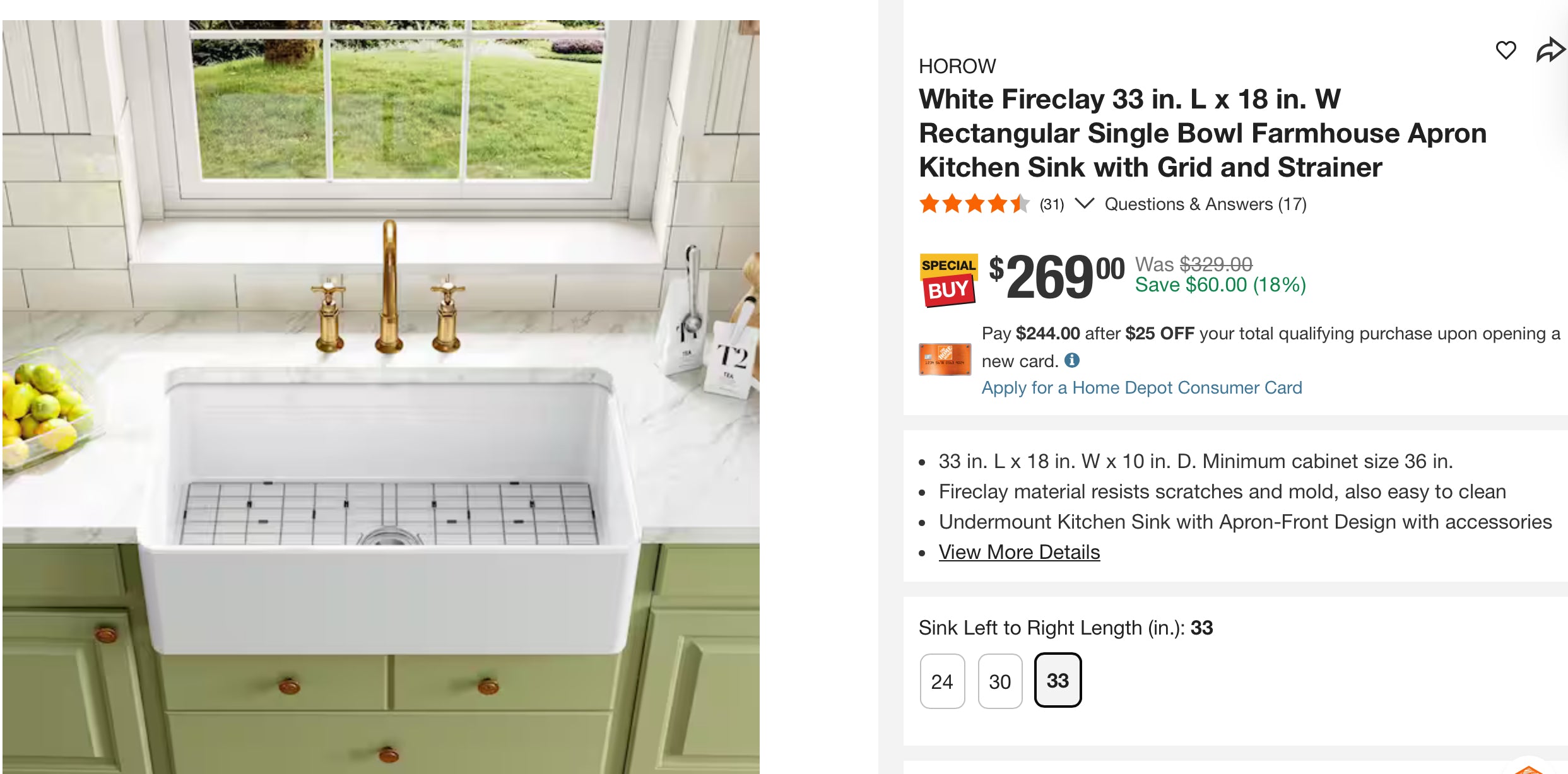 White Fireclay 33 in. L x 18 in. W Rectangular Single Bowl