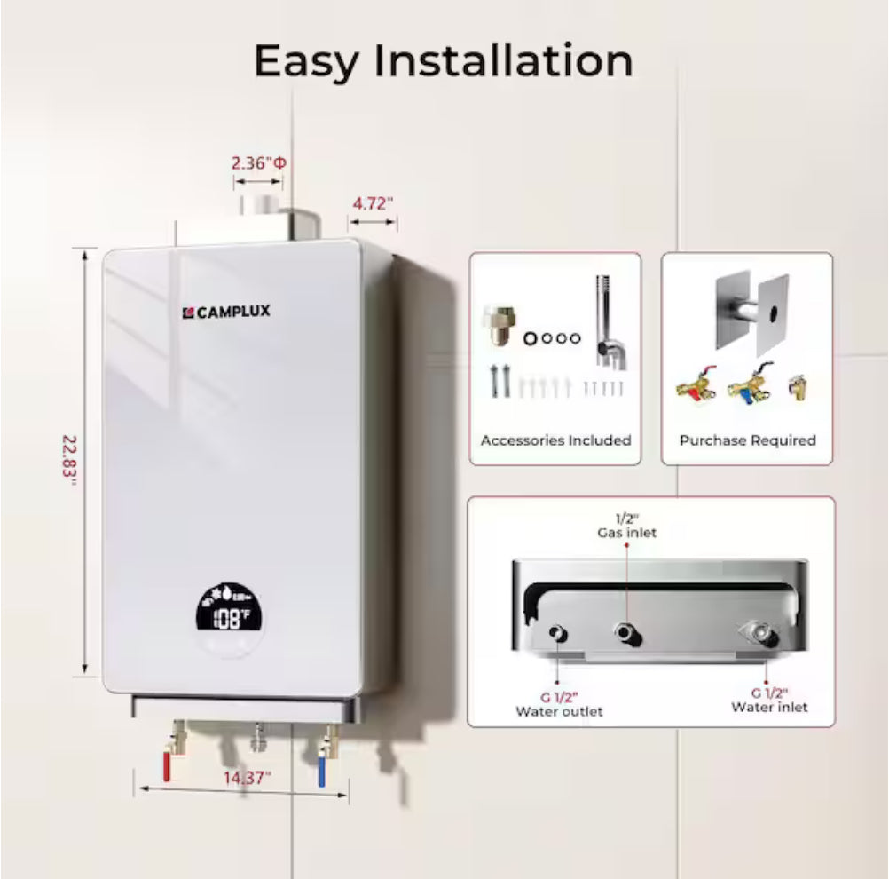 Camplux On Demand 3.18 GPM Residential Propane Tankless Water Heater For 2-3 Points Use, 82,000 BTU, 3-Sec Hot Water