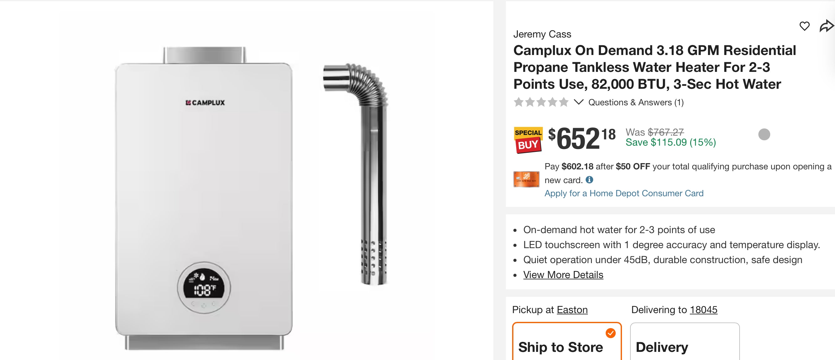 Camplux On Demand 3.18 GPM Residential Propane Tankless Water Heater For 2-3 Points Use, 82,000 BTU, 3-Sec Hot Water