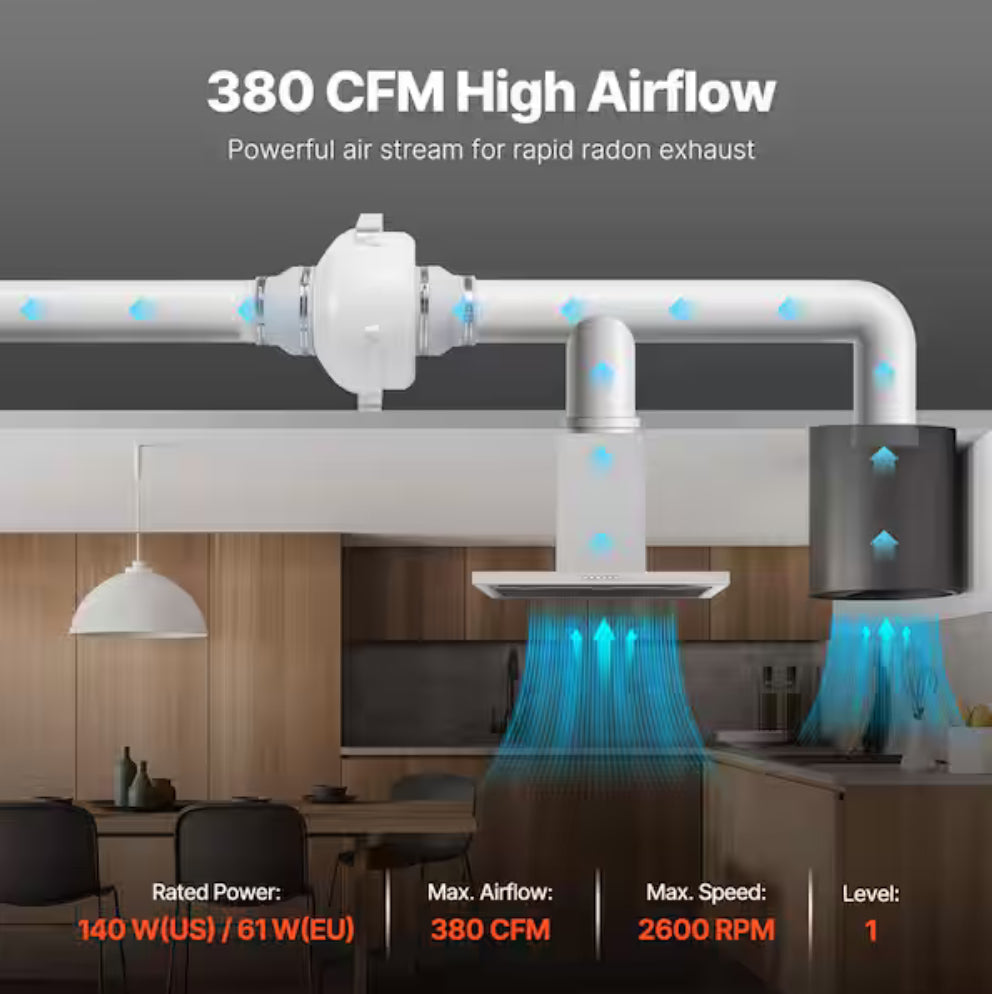 6 to 4.5 in. Radon Fan Installation Kit, Quiet 380 CFM Radon Mitigation Fan System Kit, Waterproof Inline Duct Fan