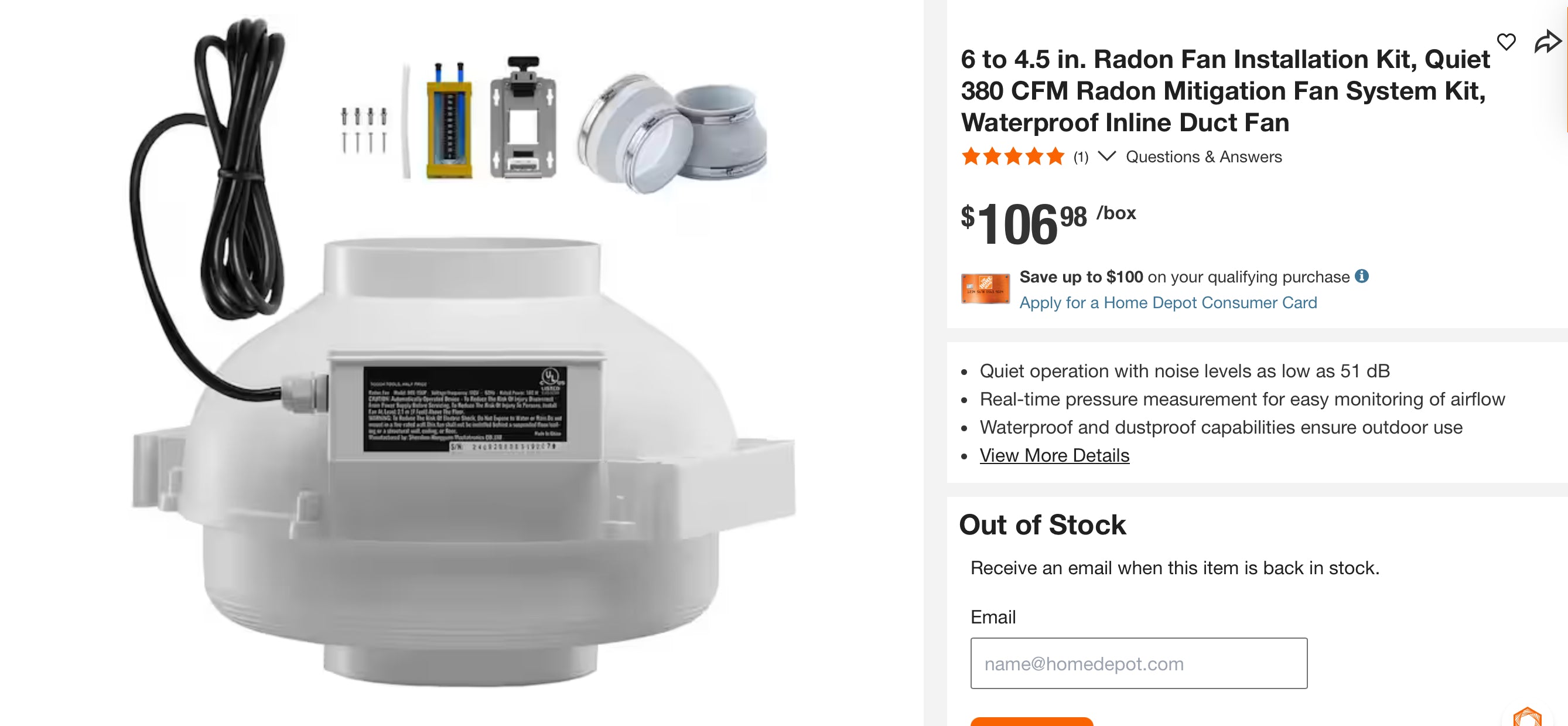 6 to 4.5 in. Radon Fan Installation Kit, Quiet 380 CFM Radon Mitigation Fan System Kit, Waterproof Inline Duct Fan