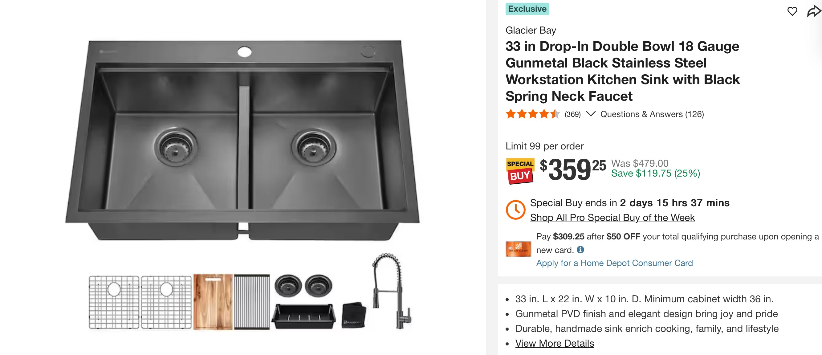 Bay 33 in Drop-In Double Bowl 18 Gauge gunmetal black stainless steel