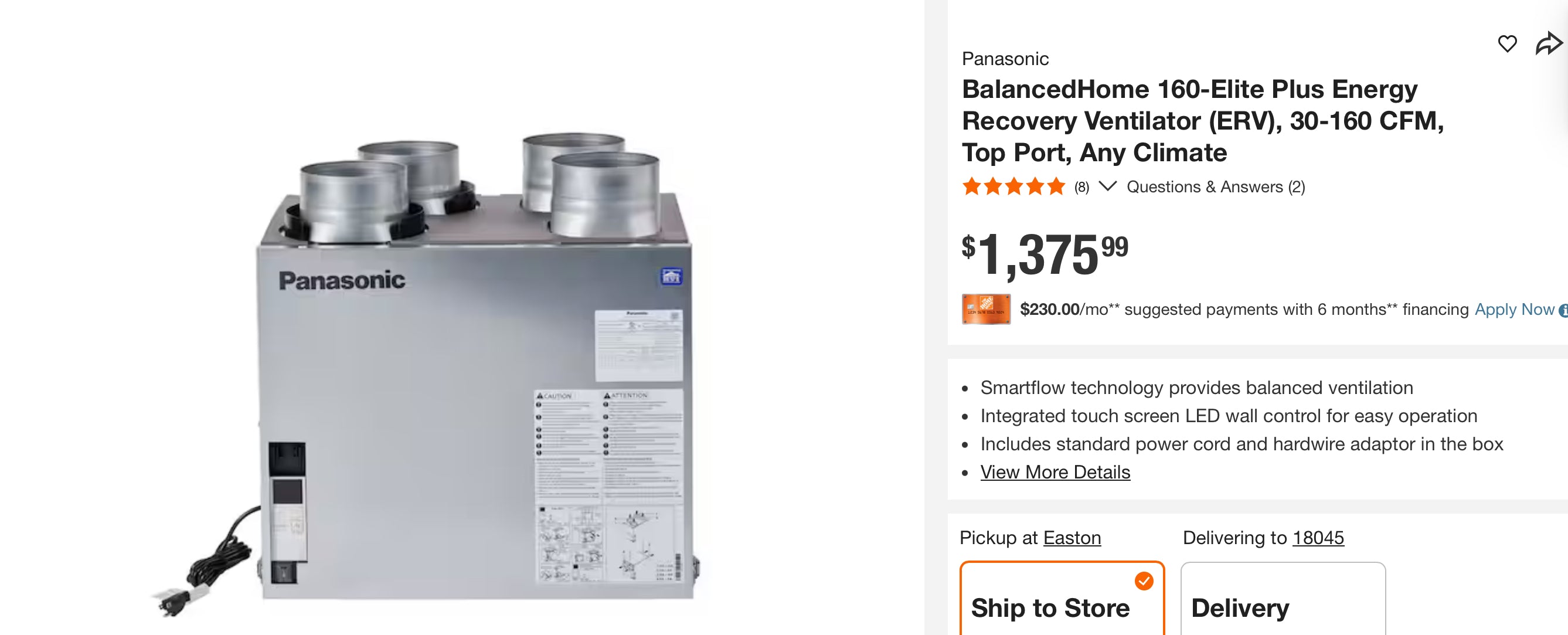 BalancedHome 160-Elite Plus Energy Recovery Ventilator (ERV), 30-160 CFM, Top Port, Any Climate