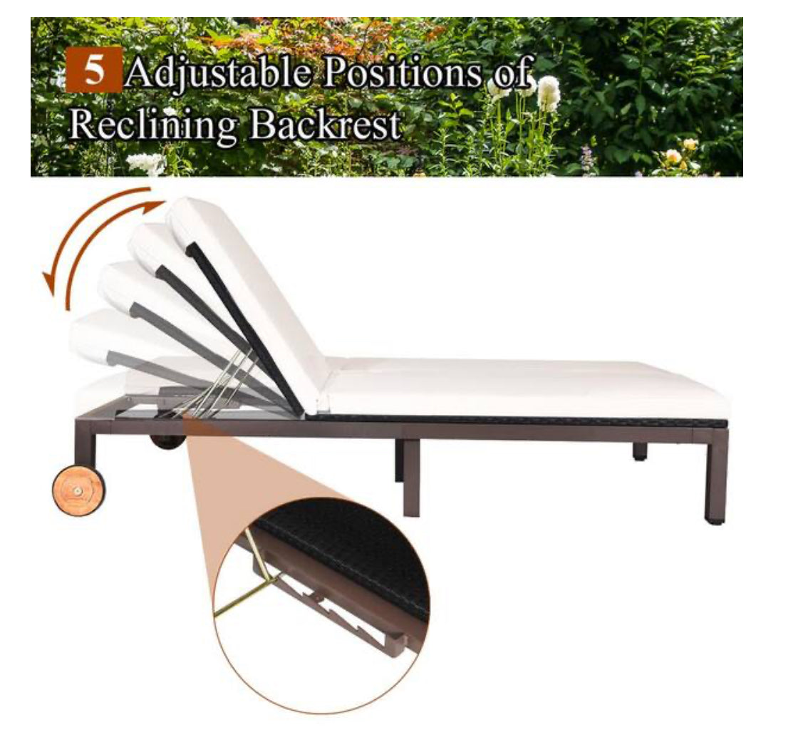 2-Person Wicker Outdoor Day Bed Rattan Recliner Chair Chaise Lounge Daybed with Wheels and White Cushion