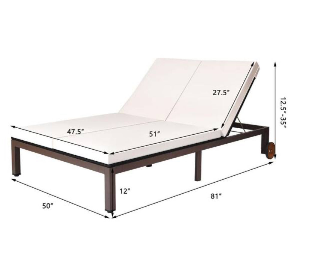 2-Person Wicker Outdoor Day Bed Rattan Recliner Chair Chaise Lounge Daybed with Wheels and White Cushion