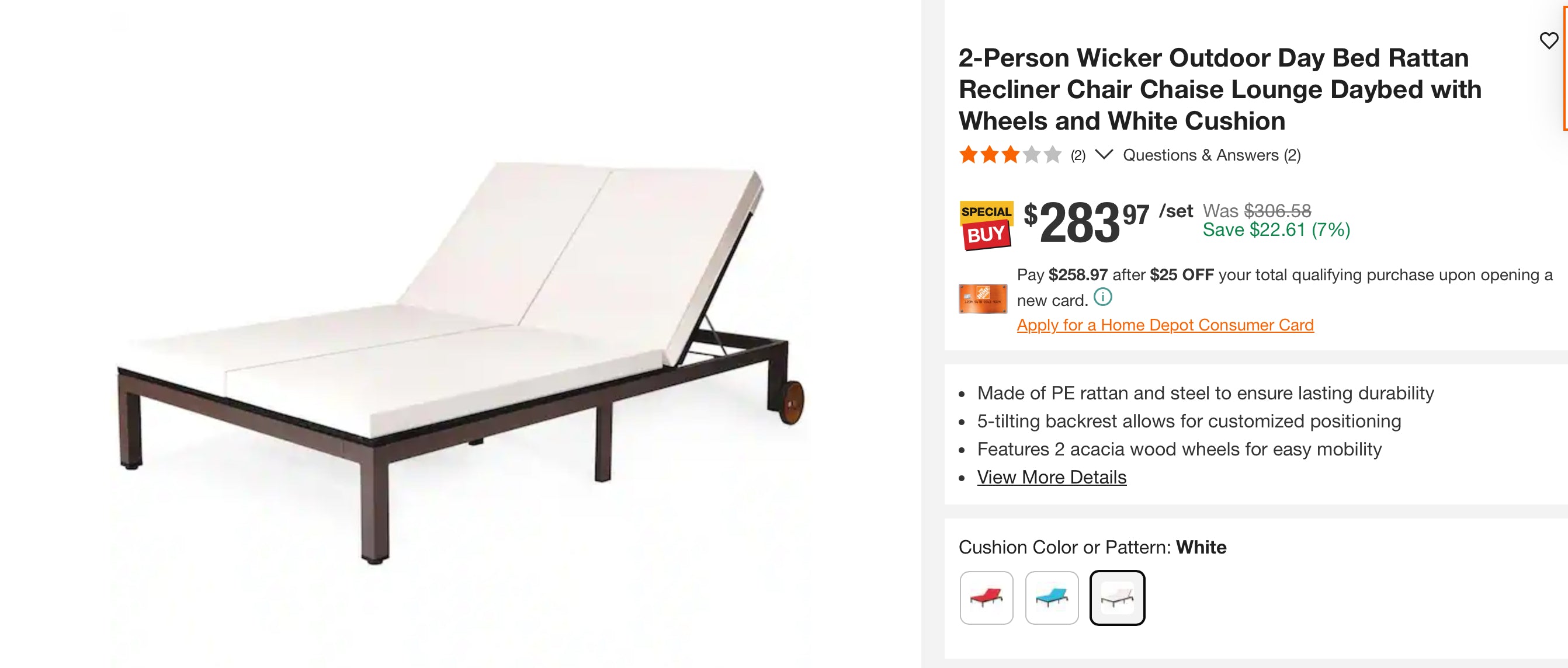 2-Person Wicker Outdoor Day Bed Rattan Recliner Chair Chaise Lounge Daybed with Wheels and White Cushion