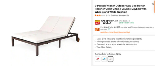 2-Person Wicker Outdoor Day Bed Rattan Recliner Chair Chaise Lounge Daybed with Wheels and White Cushion