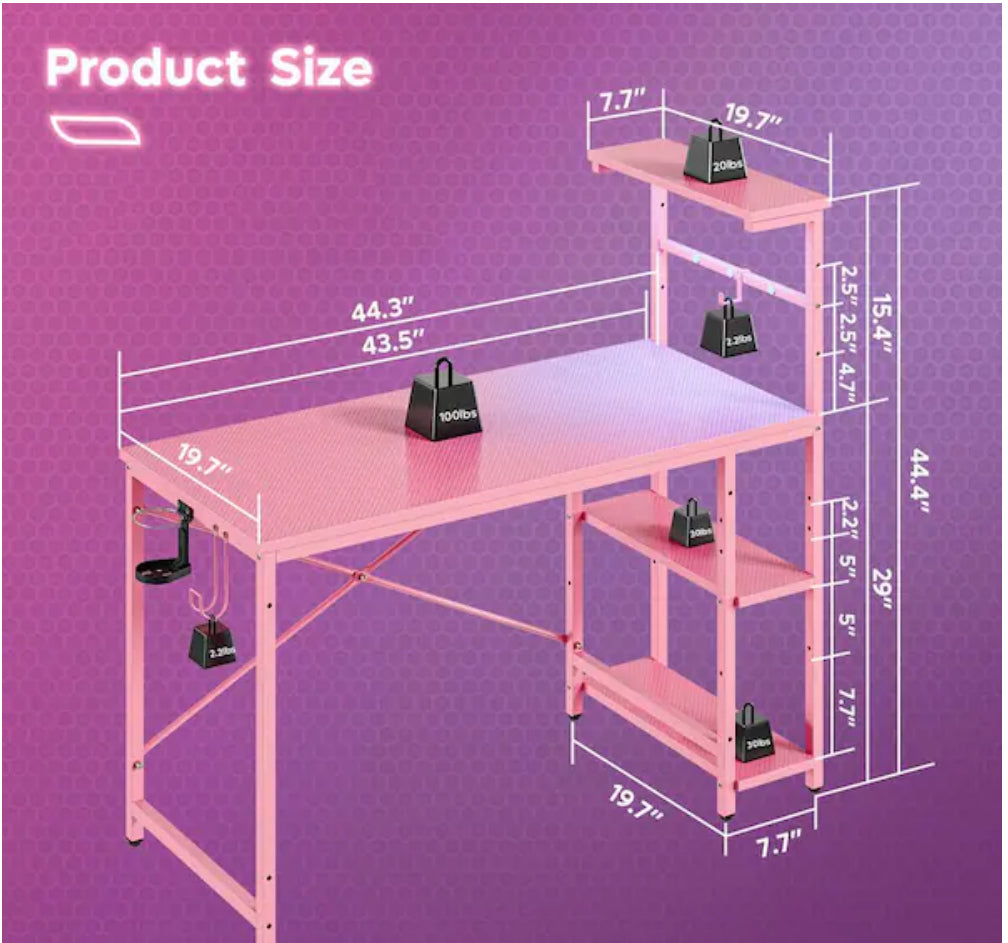 44 in. Rectangular Pink Carbon Fiber Gaming Desk with RGB LED Lights Computer Desk with 4-Tier Storage Shelves and Hook