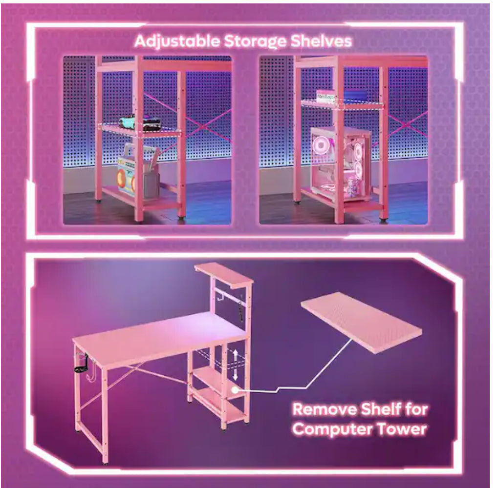 44 in. Rectangular Pink Carbon Fiber Gaming Desk with RGB LED Lights Computer Desk with 4-Tier Storage Shelves and Hook