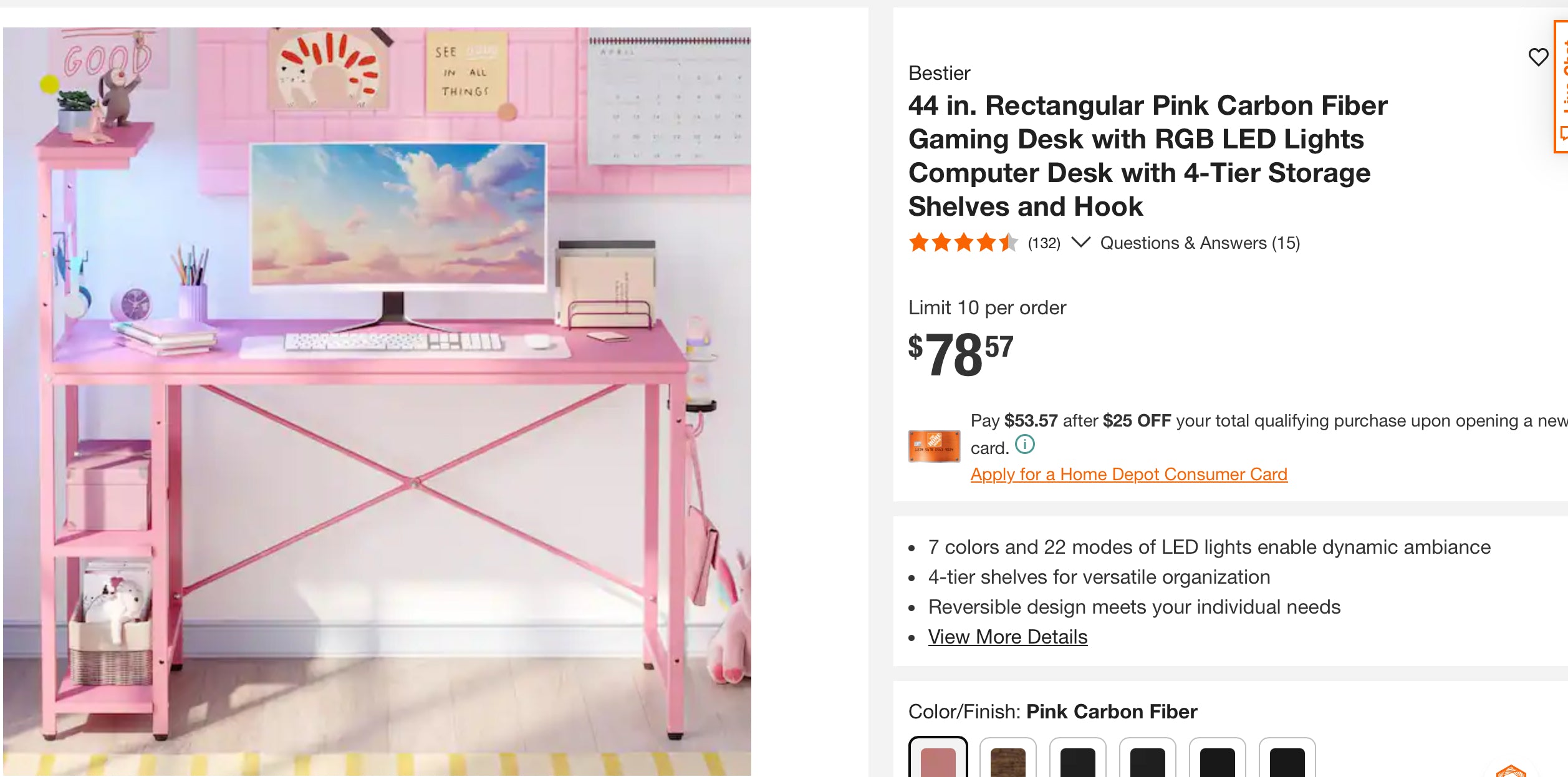 44 in. Rectangular Pink Carbon Fiber Gaming Desk with RGB LED Lights Computer Desk with 4-Tier Storage Shelves and Hook