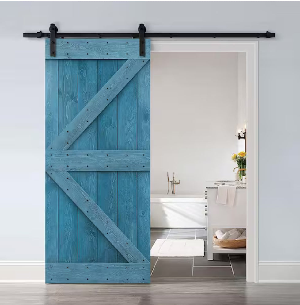 38 in. x 84 in. Ocean Blue Stained Assembly Required DIY Wood Interior Sliding Barn Door with Hardware Kit