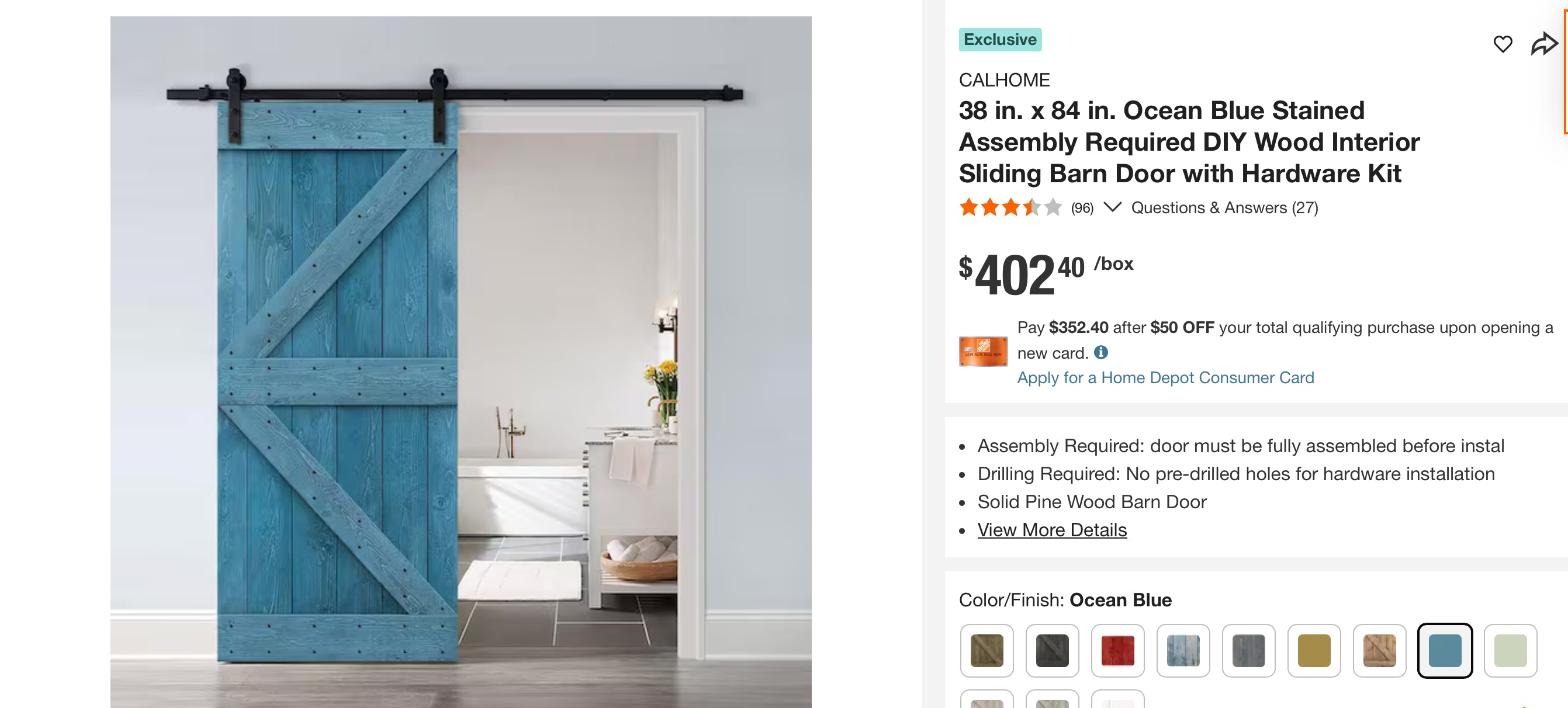 38 in. x 84 in. Ocean Blue Stained Assembly Required DIY Wood Interior Sliding Barn Door with Hardware Kit