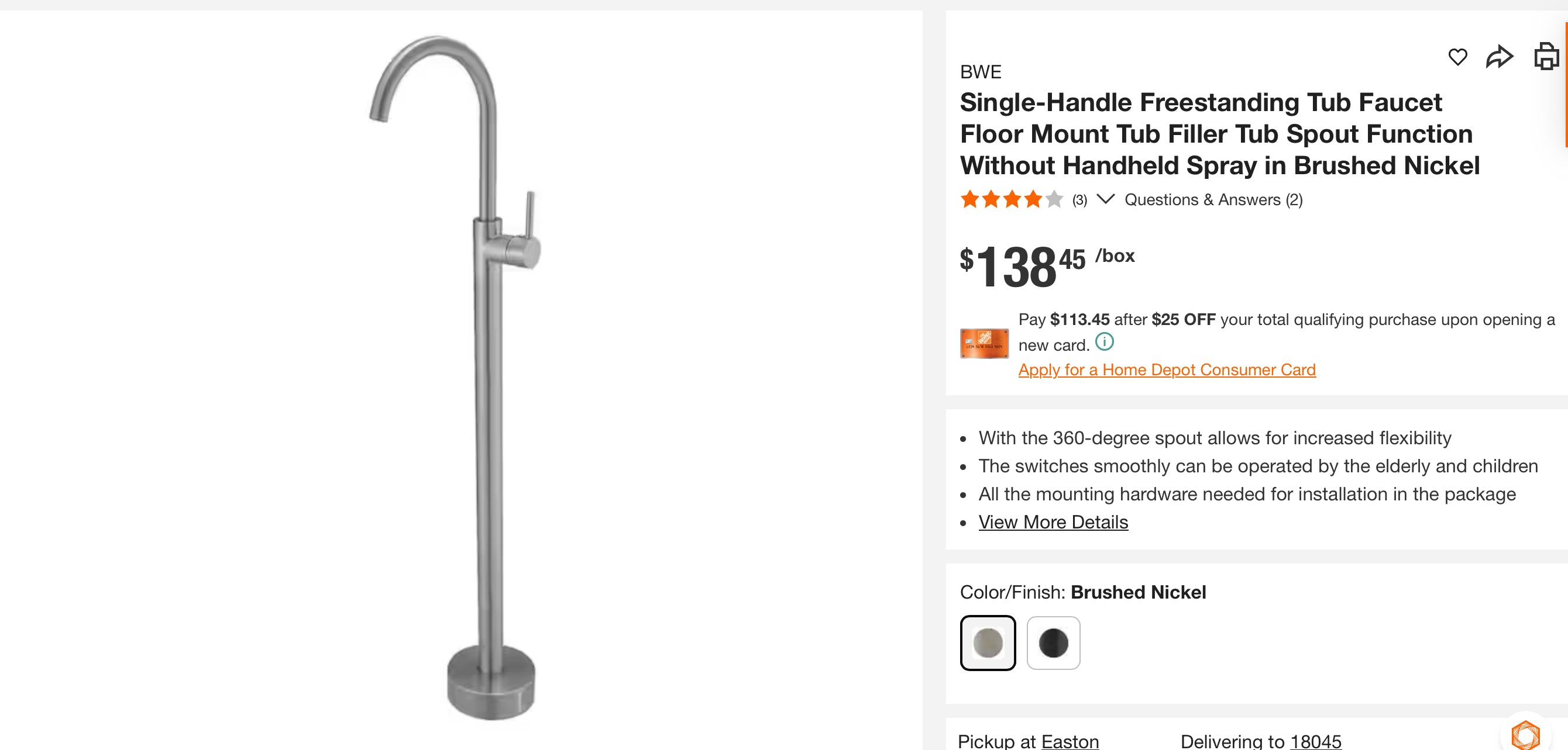 Single-Handle Freestanding Tub Faucet Floor Mount Tub Filler Tub Spout Function Without Handheld Spray in Brushed Nickel