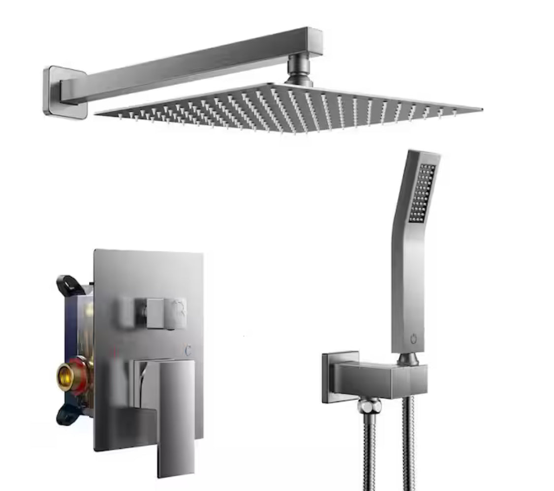 12 in. 2-Jet High-Pressure Rainfall Bathroom Shower System in Brushed Nickel with Square Head and Handheld Showe