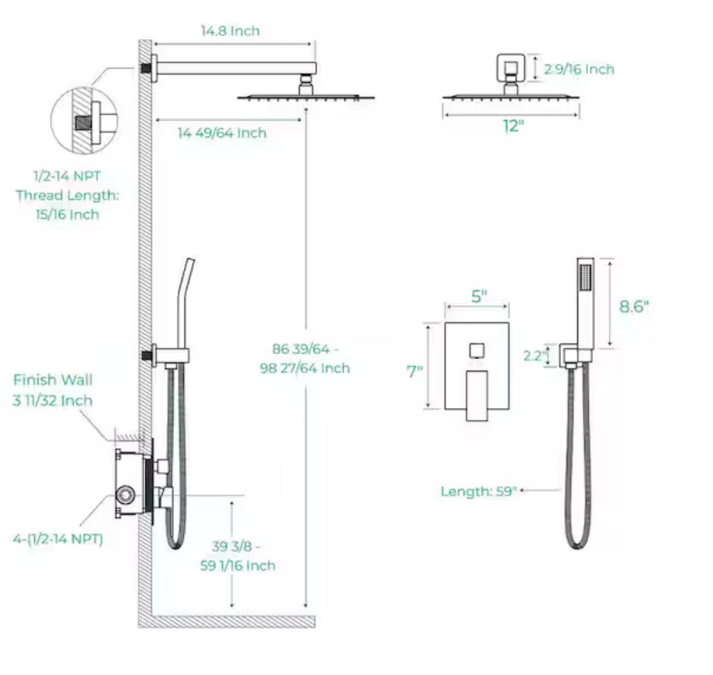 12 in. 2-Jet High-Pressure Rainfall Bathroom Shower System in Brushed Nickel with Square Head and Handheld Showe
