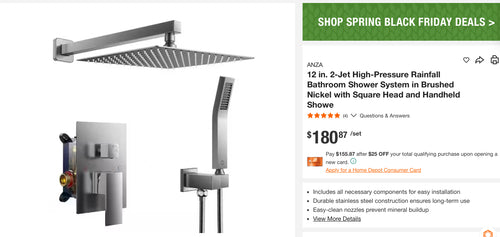 12 in. 2-Jet High-Pressure Rainfall Bathroom Shower System in Brushed Nickel with Square Head and Handheld Showe