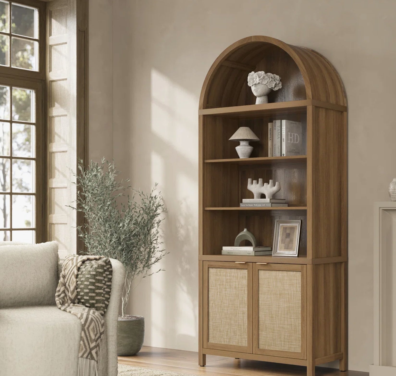 84.25''H Rattan Arched Bookcase With Adjustable Shelf