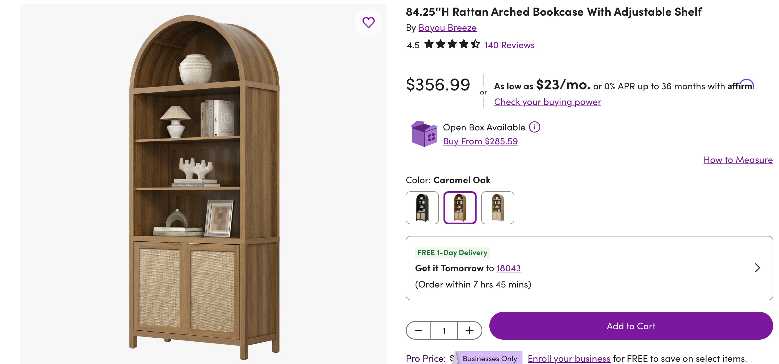 84.25''H Rattan Arched Bookcase With Adjustable Shelf