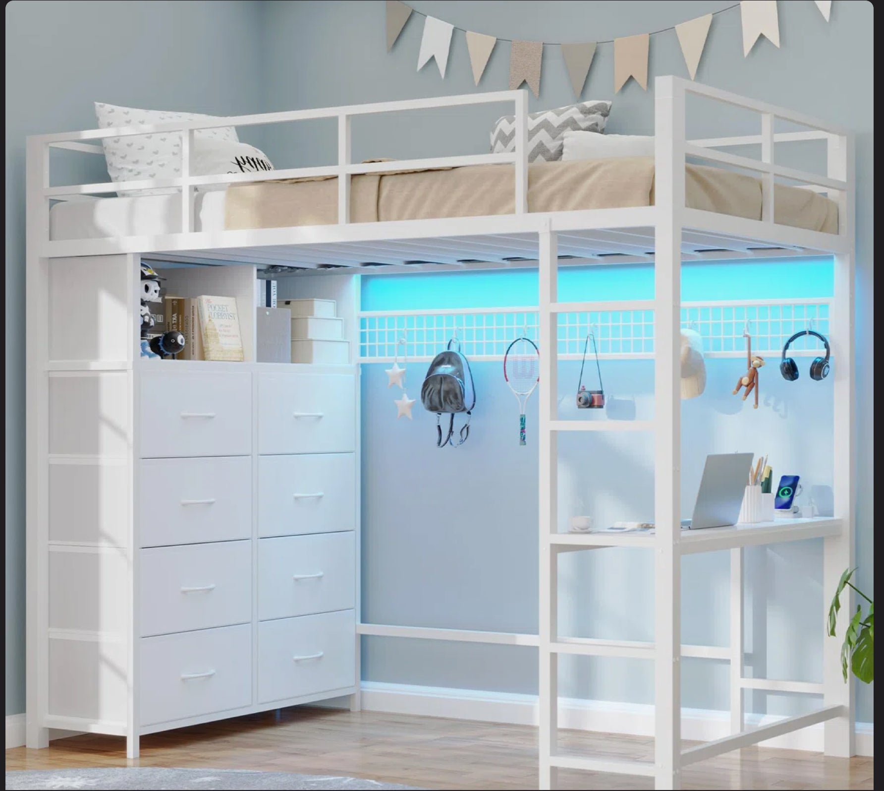 Loft Bed With Desk And 8 Storage Drawers, Metal Loft Bed With Led Lights & Charging Sation