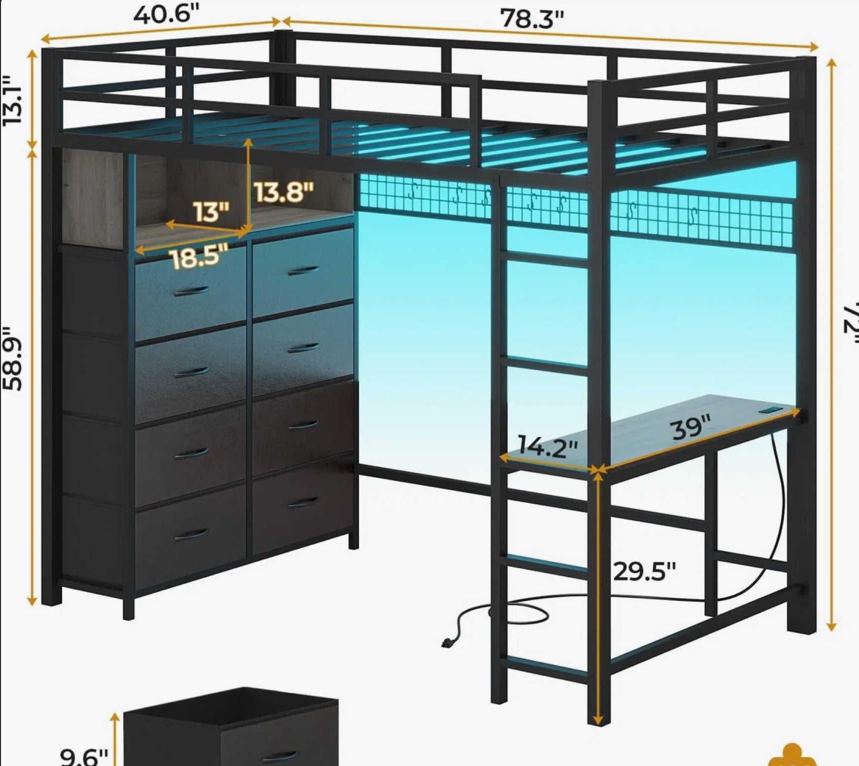 Loft Bed With Desk And 8 Storage Drawers, Metal Loft Bed With Led Lights & Charging Sation