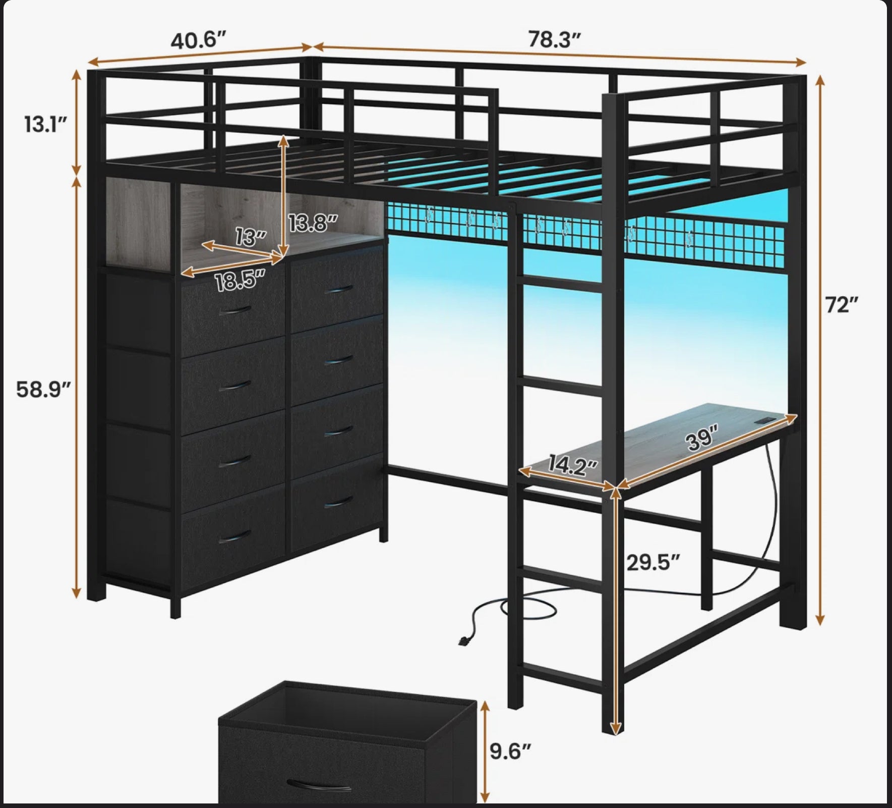 Loft Bed With Desk And 8 Storage Drawers, Metal Loft Bed With Led Lights & Charging Sation