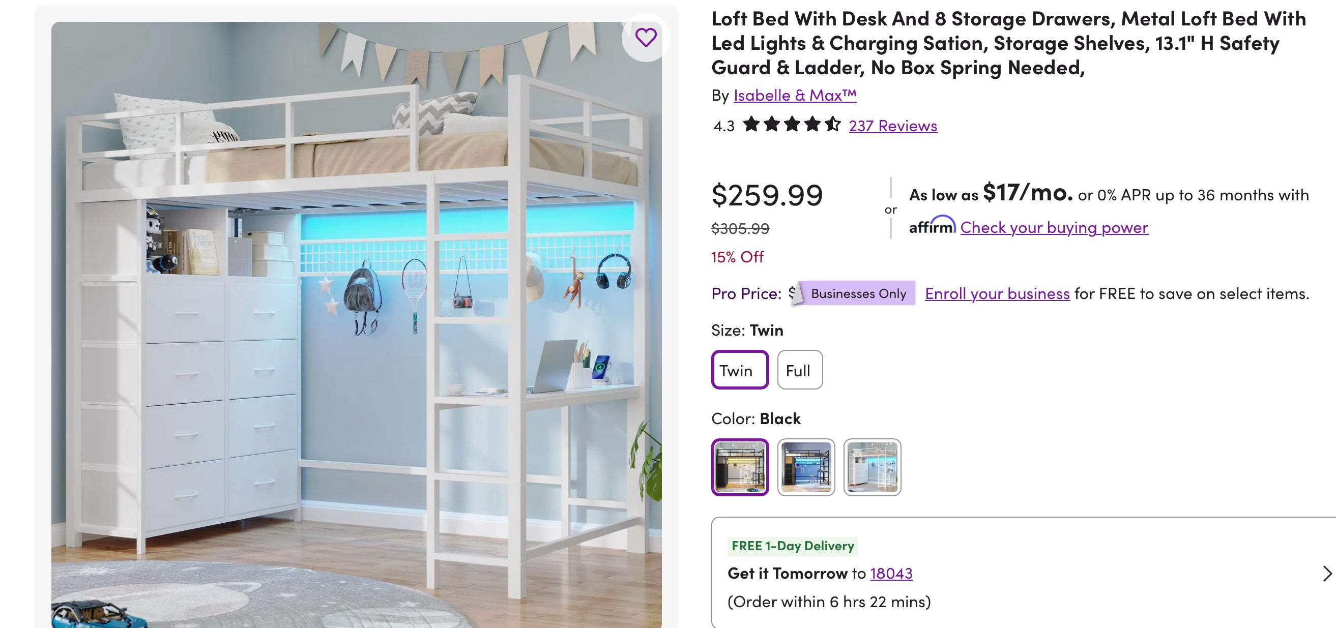 Loft Bed With Desk And 8 Storage Drawers, Metal Loft Bed With Led Lights & Charging Sation