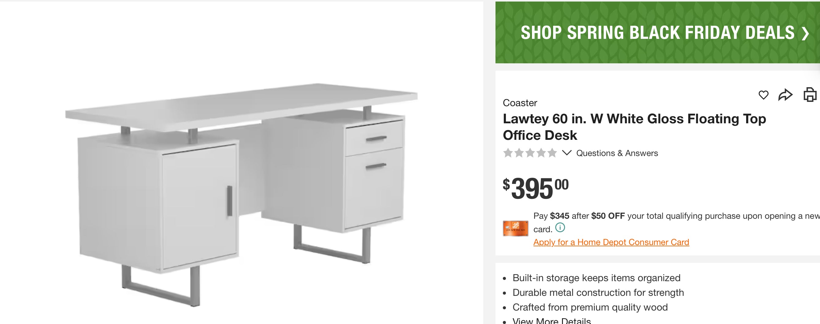 Lawtey 60 in. W White Gloss Floating Top Office Desk