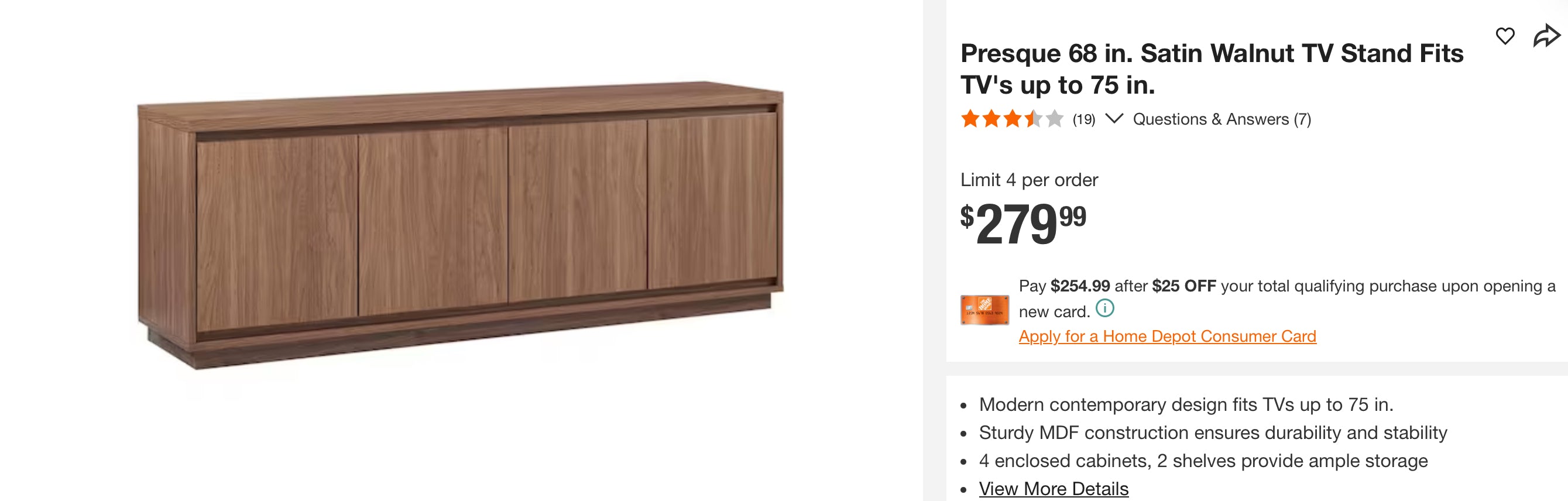 Presque 68 in. Satin Walnut TV Stand Fits TV's up to 75 in.