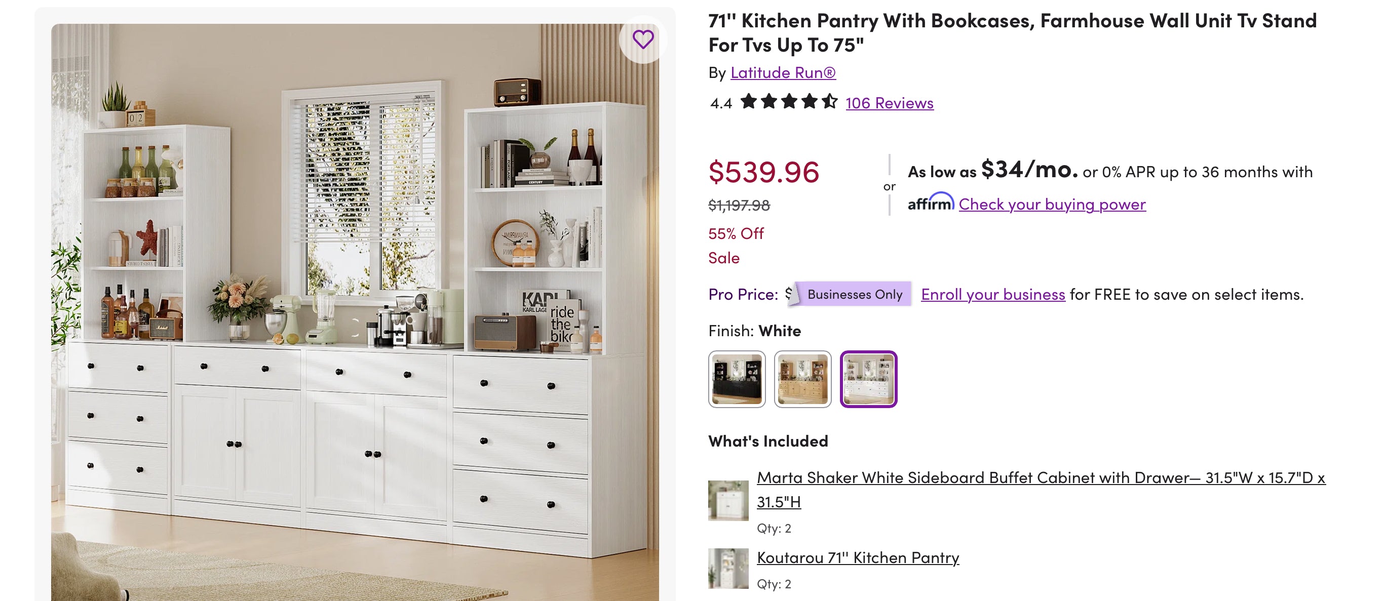 71'' Kitchen Pantry With Bookcases, Farmhouse Wall Unit Tv Stand For Tvs Up To 75"