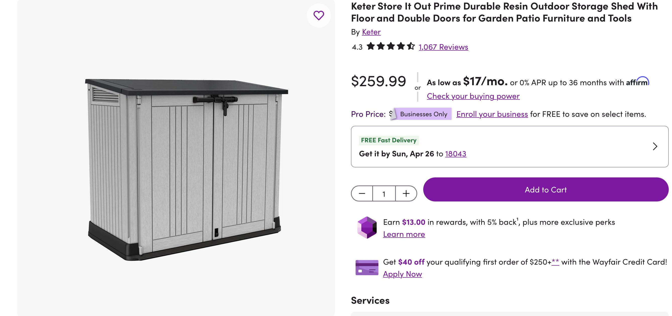 Keter Store It Out Prime Durable Resin Outdoor Storage Shed With Floor and Double Doors for Garden Patio Furniture and Tools