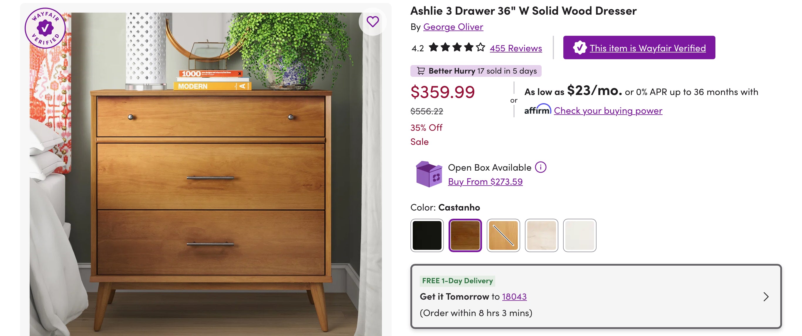 Ashlie 3 Drawer 36" W Solid Wood Dresser